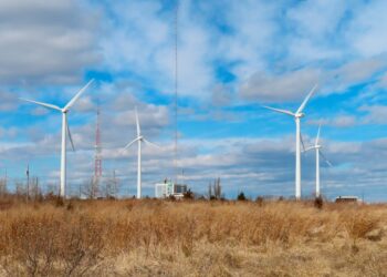 Land-based windmills in Atlantic City N.J. that help power a sewage treatment plant.