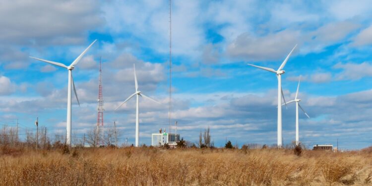 Land-based windmills in Atlantic City N.J. that help power a sewage treatment plant.