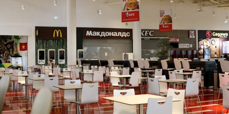 An empty dining room at a McDonald's in Russia.