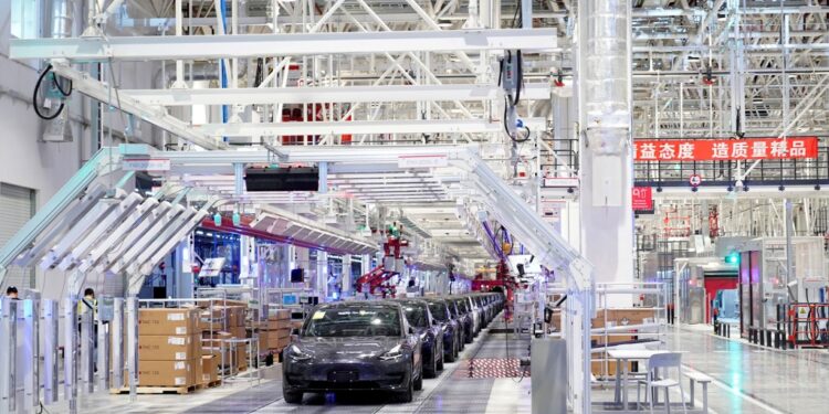 Tesla vehicles in factory