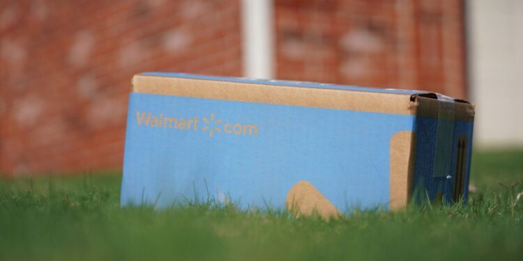 A Walmart package that has been delivered on a customer's lawn.
