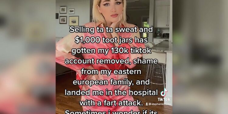 "Selling ta ta sweat and toot jars has gotten my 130k TikTok account removed, shame from my Eastern European family….," lamented Stephanie Matto.