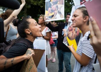 Pro- and anti-abortion demonstrators clash on Monday outside the Supreme Court.