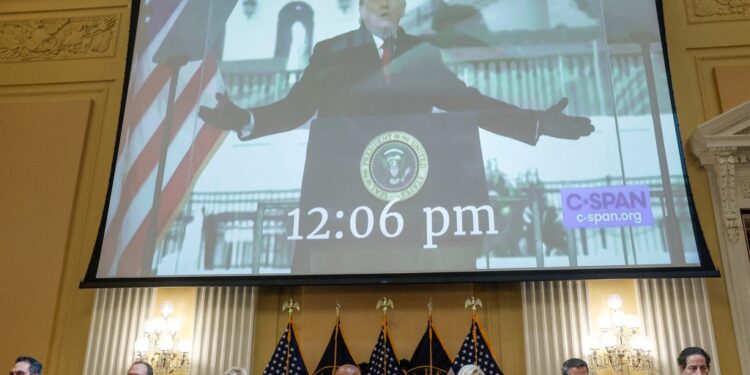 Former U.S President Donald Trump is seen on video during the hearing of the U.S. House Select Committee to Investigate the January 6 Attack on the United States Capitol, on Capitol Hill in Washington, U.S., June 9, 2022.