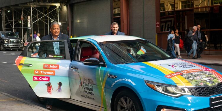 Rideshare car with ads.