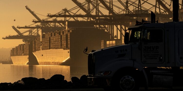 A ship docked at a port of Los Angeles.