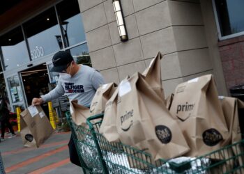 A delivery worker with a cart full of bagged groceries.