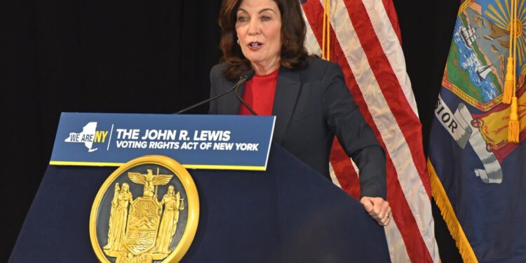 New York State has one of the highest gas tax rates of any state in the country. New York Gov. Kathy Hochul is pictured above.