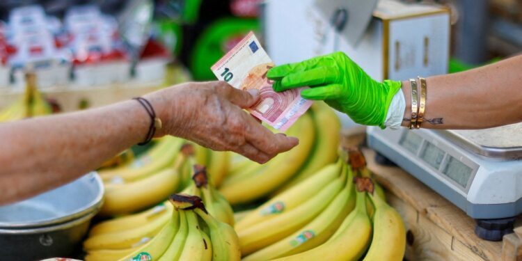 Shopper pays with a 10 euro bank note.