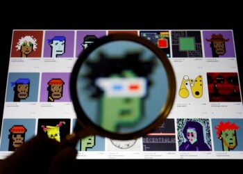 A non-fungible token (NFT) displayed on the website of NFT marketplace OpenSea is seen through a magnifying glass, in this illustration picture taken February 28, 2022.