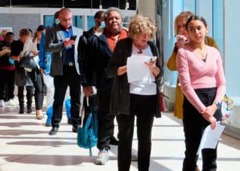 Applicants line up at a job fair.