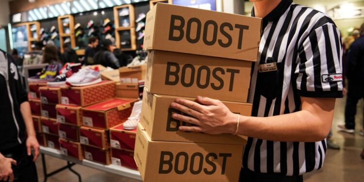 A store employee holding shoe boxes.