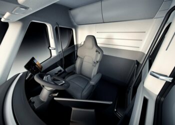A 3-D interior view of Elon Musk's Tesla Semi electric commercial truck is displayed.