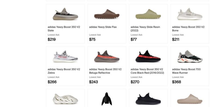 A screenshot of Stockx Yeezy merchandise.