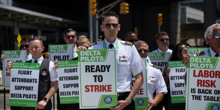 Delta Air Lines pilots protesting in June.