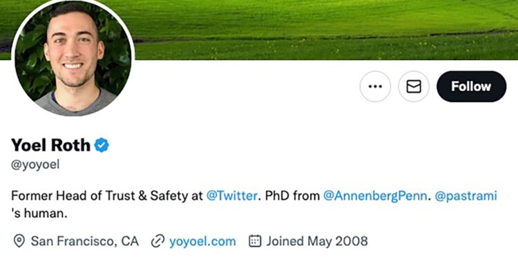 Yoel Roth's Twitter bio, in which he is now listed as Former Head of Trust & Safety at @Twitter."