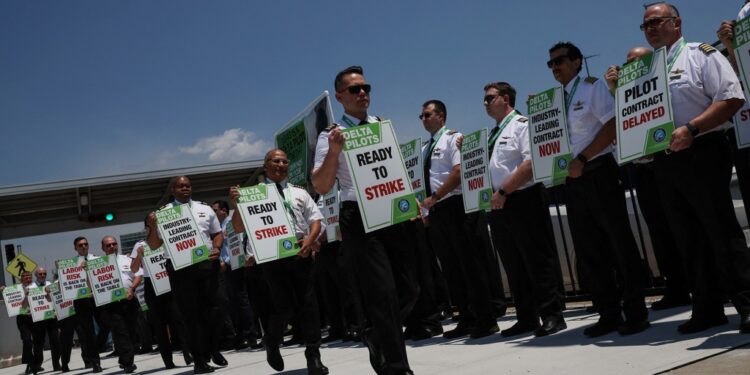 Delta Air Lines pilots protesting in June.
