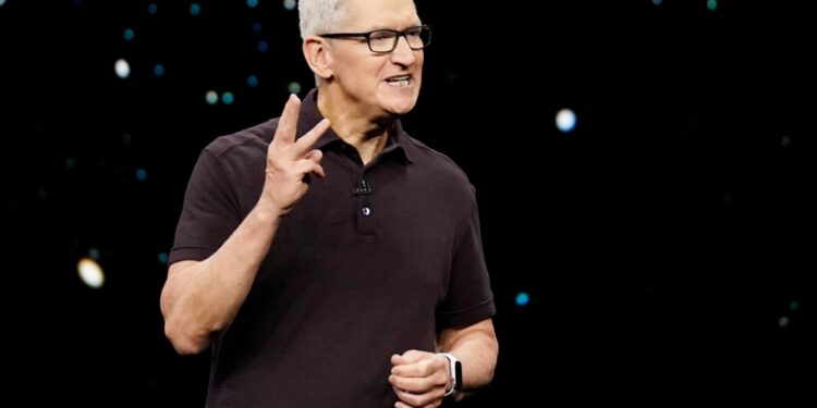 Apple CEO Tim Cook speaks at an Apple event on the campus of Apple's headquarters in Cupertino, Calif., Wednesday, Sept. 7, 2022.