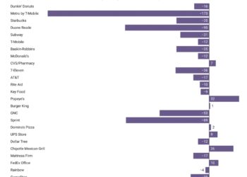 A list of the largest chain stores in NYC and the change in their numbers since 2019.