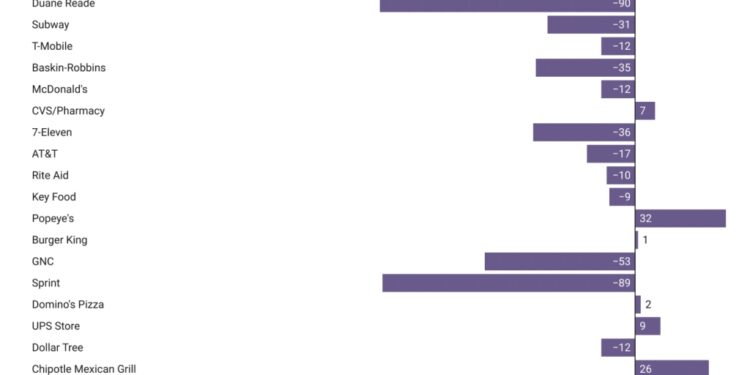 A list of the largest chain stores in NYC and the change in their numbers since 2019.