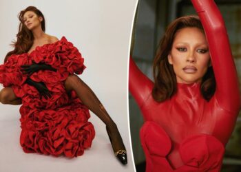 Shay Mitchell poses in two red high-fashion looks.