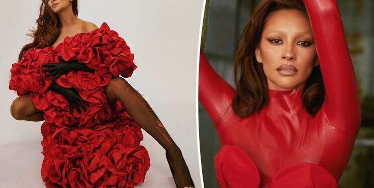 Shay Mitchell poses in two red high-fashion looks.