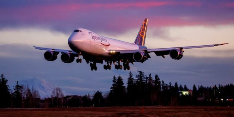 The final Boeing 747 lands at Paine Field following a test flight Jan. 10 in Everett, Wash.