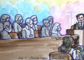 Tesla CEO Elon Musk shown in this courtroom sketch on Friday.