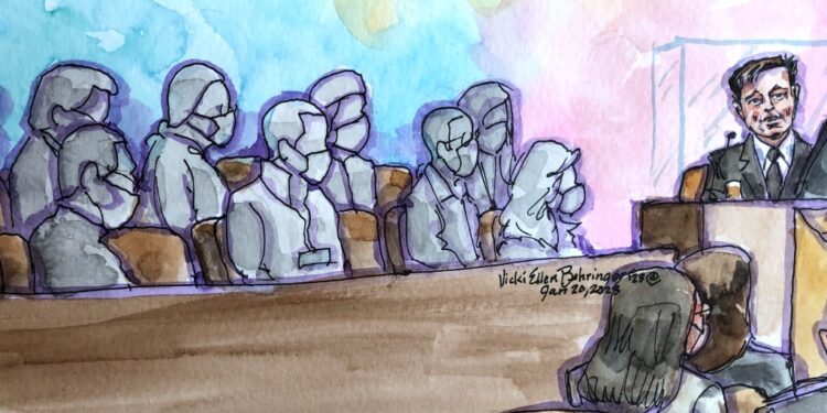 Tesla CEO Elon Musk shown in this courtroom sketch on Friday.