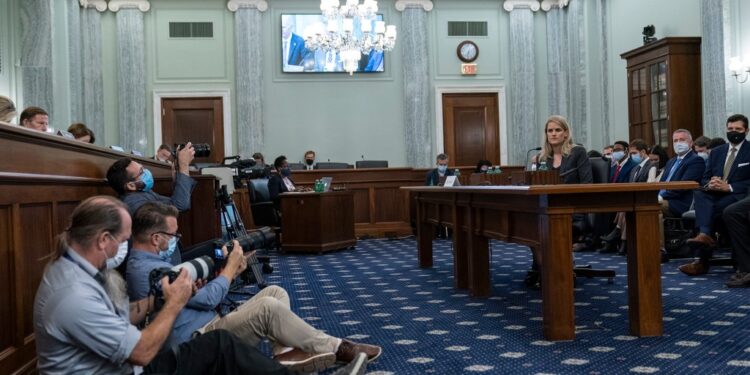 Former Facebook data scientist Frances Haugen speaks during a hearing of the Senate Commerce, Science, and Transportation Subcommittee on Consumer Protection, Product Safety, and Data Security, on Capitol Hill, in Washington.