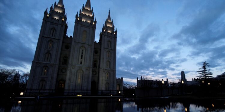 Mormon Temple is shown at Temple Square, downtown Salt Lake City.