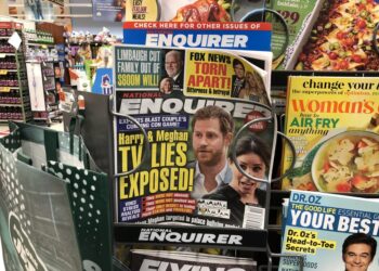 general view of a National Enquirer magazine as seen for sale on a supermarket magazine rack