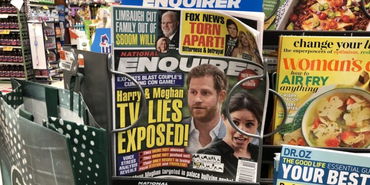 general view of a National Enquirer magazine as seen for sale on a supermarket magazine rack