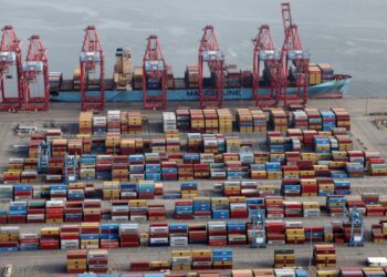 Shipping containers are unloaded he Port of Long Beach-Port of Los Angeles complex in 2021.
