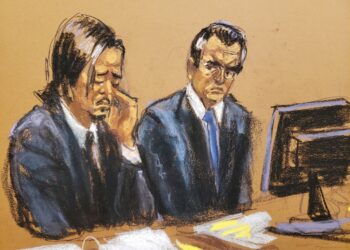Courtroom sketch of Roger Ng in March.