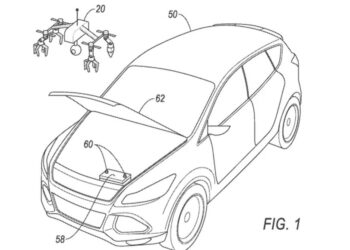 A rendering by Ford for how a drone could charge a dead car battery.