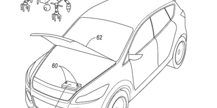 A rendering by Ford for how a drone could charge a dead car battery.