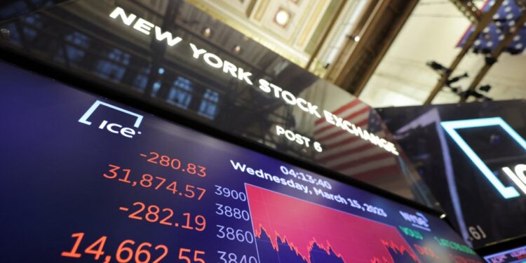 A screen displays the Dow Jones industrial Average after the close of trading.