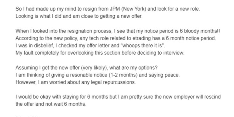 A JPMorgan employee wrote on the Blind social media app that the lengthy notice period will likely mean a job offer from another company will be rescinded.