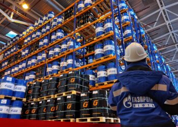 An employee works at Russia's Gazprom.