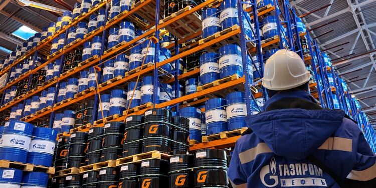 An employee works at Russia's Gazprom.