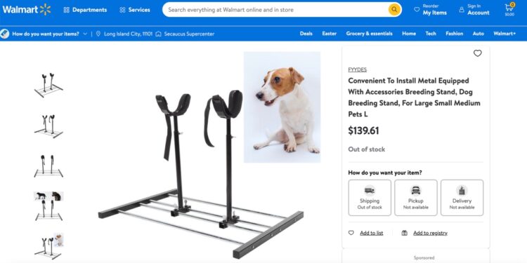A listing for breeding restraints on Walmart.com.