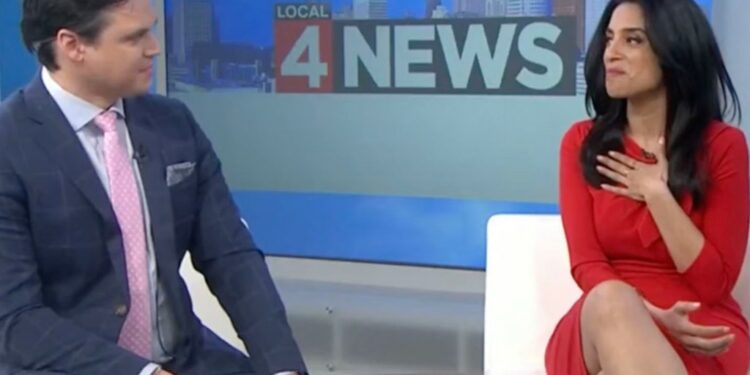 Grant Hermes (left) was given a heartfelt send off by his weekend morning show on-air partner, Priya Mann, during his final broadcast on WDIV-TV on Sunday.