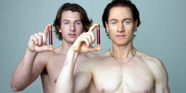 Bryan Johnson (right) tapped his 17-year-old son Talmage (left) to be his plasma donor. It's part of Johnson's ultra-strict scheme to age backwards.