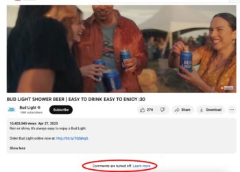 Bud Light disabled comments on a YouTube ad showing youngsters drinking beer at a country music festival.