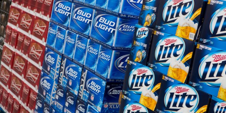 Budweiser, Bud Light and Miller Lite beer on display