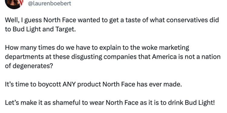 Republican Colorado representative Lauren Boebert expressed her outrage over The North Face's "Summer of Pride" ad on Twitter, calling on social media users to boycott the brand like they are for Bud Light and Target.