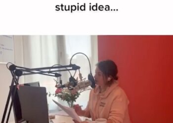 "One moment you're recording your first podcast - which everyone thinks is a stupid idea," reads the in-video caption of a TikTok showing Vanderputte recording her first podcast episode.