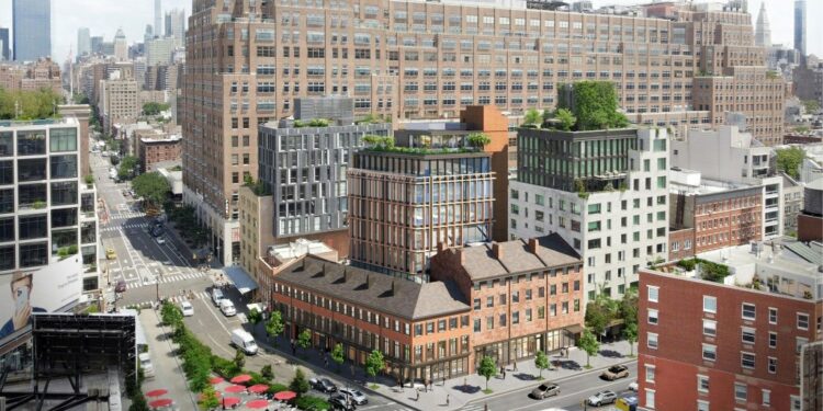 The project includes a nine-story, glass-wrapped boutique office building set behind the townhouses.