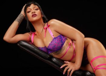 Rihanna modeling pink and purple lingerie